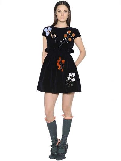 Fendi Cap-sleeve Mini Dress W/fur Flowers, Lapis/lazuli In Black