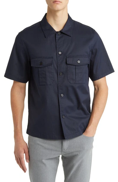Shop Theory Beau Solid Stretch Cotton Blend Short Sleeve Button-up Shirt In Baltic