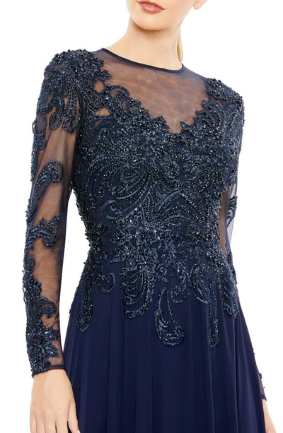 Shop Mac Duggal Beaded Illusion Lace Long Sleeve A-line Gown In Midnight