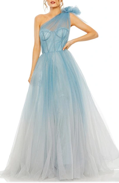 Shop Mac Duggal Glitter One-shoulder Tulle Gown In Blue
