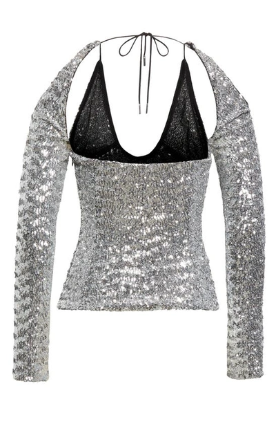 Shop Attico Zane Cutout Plunge Neck Sequin Top In Silver