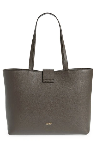 Shop Tom Ford Small East/west Grained Leather Tote In 1g003 Graphite