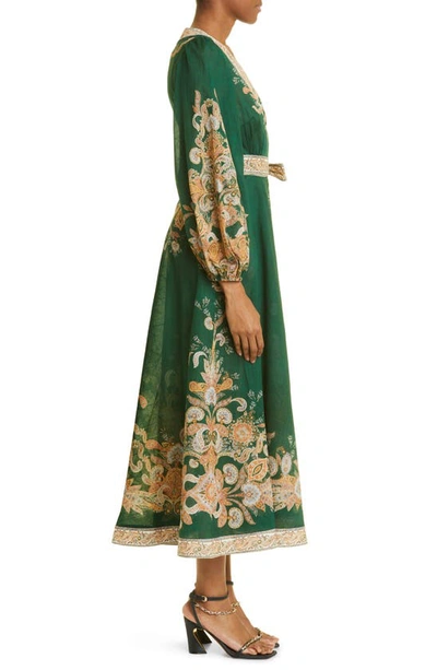 Shop Zimmermann Devi Placed Paisley Balloon Sleeve Cotton Wrap Dress In Emerald / Paisley