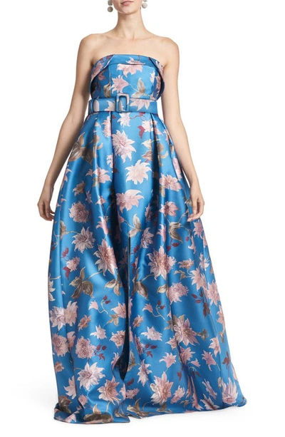 Shop Sachin & Babi Floral Print Belted Strapless Satin Gown In Slate Dalia Multi