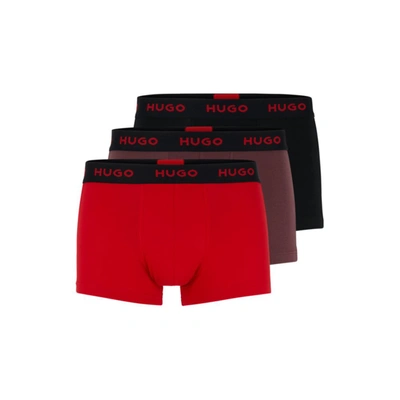 Shop Hugo Three-pack Of Logo-waistband Trunks In Stretch Cotton In Red