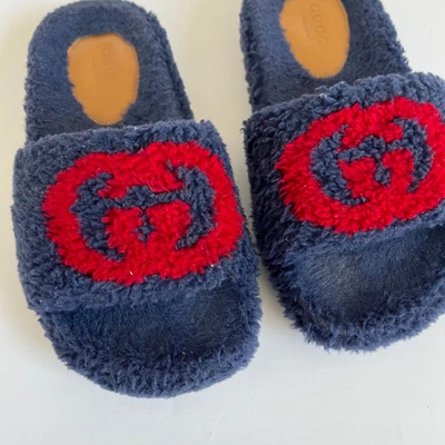 Pre-owned Gucci Blue Fluffy Slides With Gg Red Print, Kids Size 30