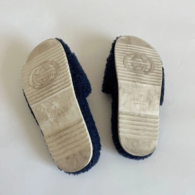 Pre-owned Gucci Blue Fluffy Slides With Gg Red Print, Kids Size 30