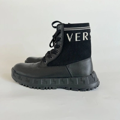 Pre-owned Versace Black Ankle Sock Fabric And Leather Boots, 37