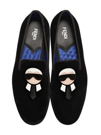 Shop Fendi Karl Patches Velvet & Mink Loafers In Black