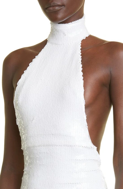Shop Laquan Smith Sequin Mock Neck Column Gown In White