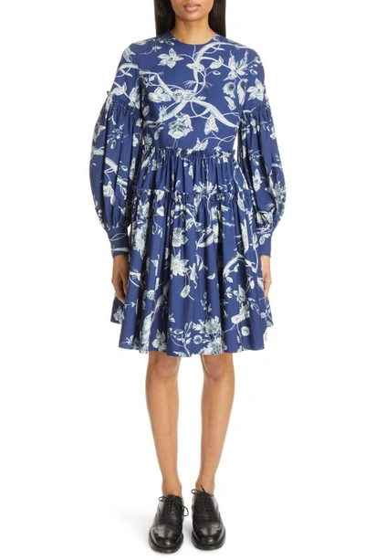 Shop Erdem Floral Long Sleeve Tiered Cotton Dress In Ophelia Vine Indigo
