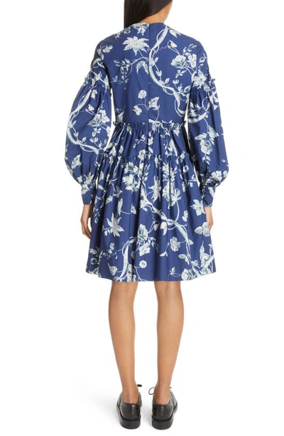 Shop Erdem Floral Long Sleeve Tiered Cotton Dress In Ophelia Vine Indigo