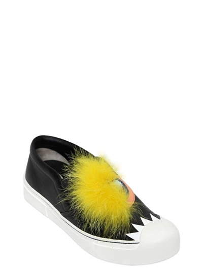 Shop Fendi 20mm Bugs Leather & Fur Slip-on Sneakers, Black/yellow