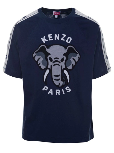 Shop Kenzo Blue Crewneck T-shirt With Elephant And Logo Print In Cotton Man
