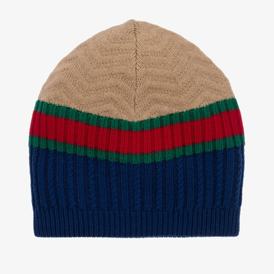 Shop Gucci Blue & Beige Wool Knit Beanie Hat
