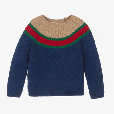 Shop Gucci Baby Boys Blue Web Yoke Wool Sweater
