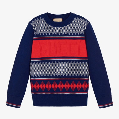 Shop Gucci Boys Blue & Red Wool Sweater