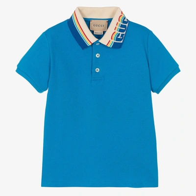 Shop Gucci Boys Blue Cotton Polo Shirt
