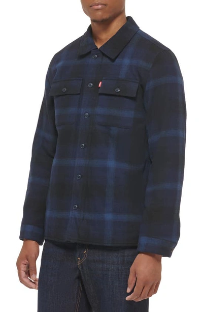 Shop Levi's Quilt Lined Cotton Shacket In Navy Ombre Plaid