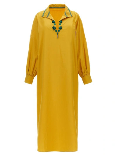 Fortela Gala Beaded Blouson-sleeve Maxi Shirtdress In Yellow