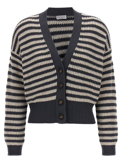 Shop Brunello Cucinelli Sequin Striped Cardigan Sweater, Cardigans Multicolor