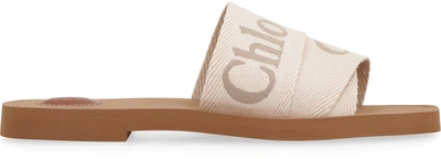 Shop Chloé Woody Leather And Fabric Slides In Beige