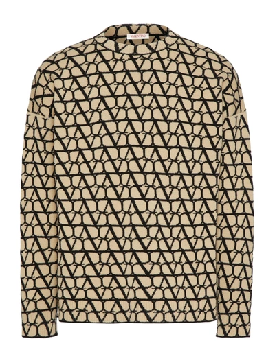 Shop Valentino Crewneck Wool Sweater With Toile Iconographe Pattern In Nude & Neutrals