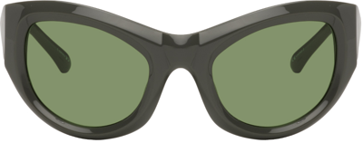 Shop Dries Van Noten Gray Linda Farrow Edition Wrap Sunglasses In Grey/silver/green