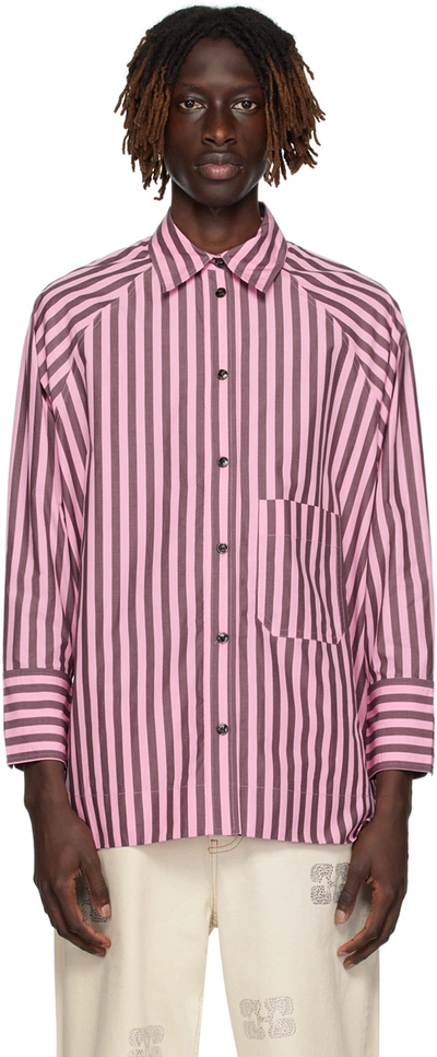 Shop Ganni Pink & Brown Striped Shirt In Bonbon 534