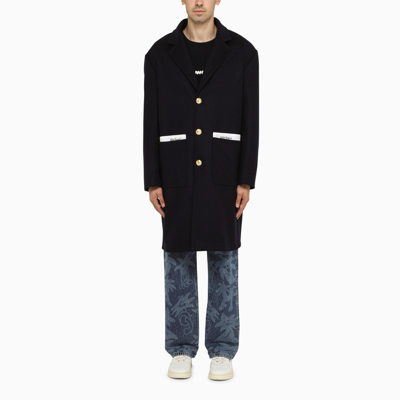 Shop Palm Angels | Single-breasted Navy Wool Coat In Blue