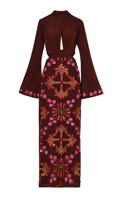 Shop Johanna Ortiz Aurora Mágica Embroidered Silk Maxi Dress In Burgundy