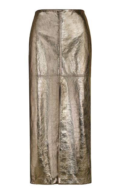 Shop Johanna Ortiz Ancient Stitching Metallic Leather Midi Skirt In Gold