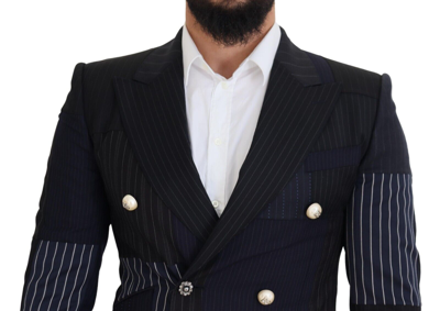 Shop Dolce & Gabbana Blue Wool Patchwork Double Breasted Men's Blazer In Navy Blue