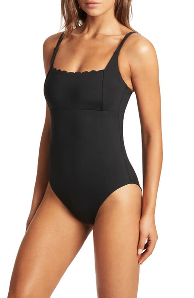 Shop Sea Level Scalloped Square Neck One-piece Swimsuit In Black
