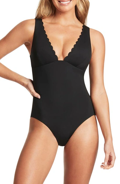Shop Sea Level Scalloped Plunge One-piece Swimsuit In Black
