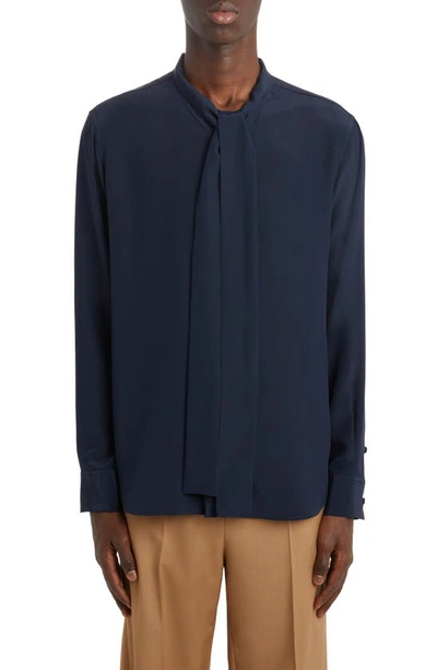 Shop Valentino Tie Neck Silk Button-up Shirt In Navy