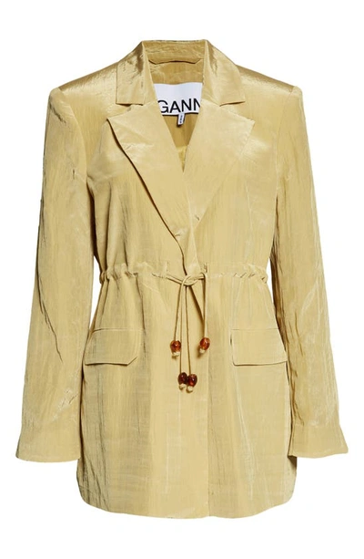 Shop Ganni Tie Waist Satin Blazer In Leek Green