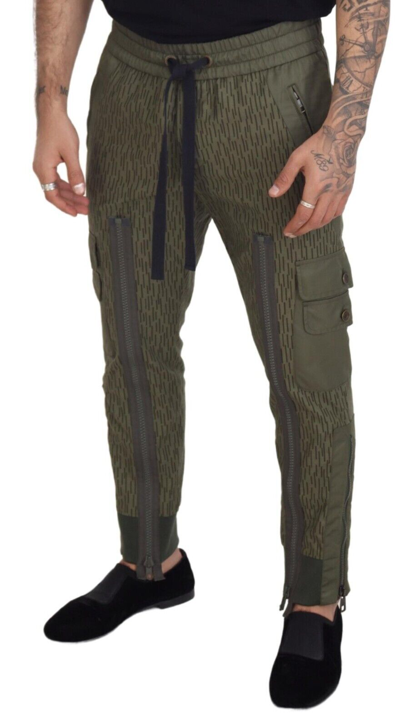 Shop Dolce & Gabbana Green Striped Cargo Zipper Leg Men Trouser Men's Pants