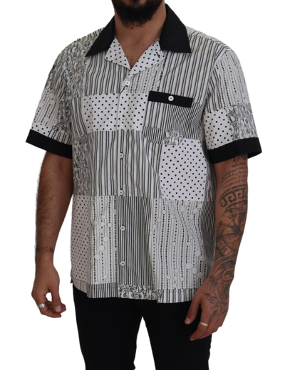 Shop Dolce & Gabbana White Black Patterned Button Down Men's Shirt In Black And White