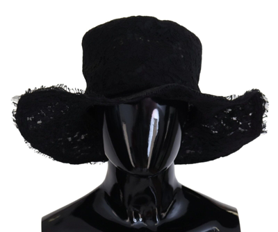 Shop Dolce & Gabbana Floral Lace Wide Brim Top Women's Hat In Black