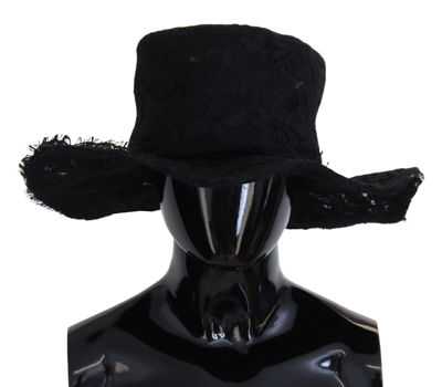 Shop Dolce & Gabbana Floral Lace Wide Brim Top Women's Hat In Black