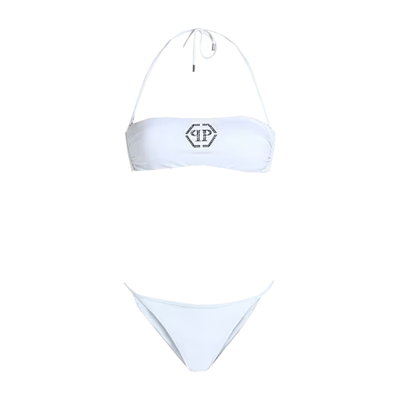 Shop Philipp Plein Bandeau Bikini In White With Crystal Women's Logo