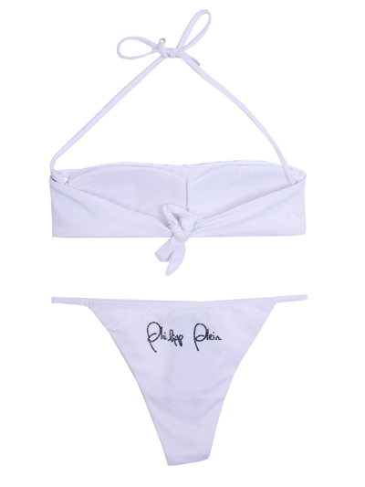 Shop Philipp Plein Bandeau Bikini In White With Crystal Women's Logo