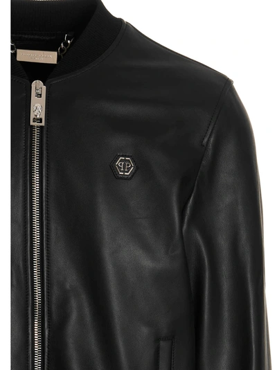 Shop Philipp Plein Logo Leather Bomber Jacket Casual Jackets, Parka Black