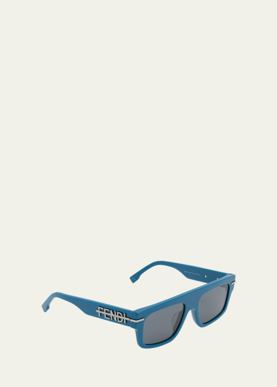 Shop Fendi Men's Graphy Acetate Rectangle Sunglasses In Shiny Blue
