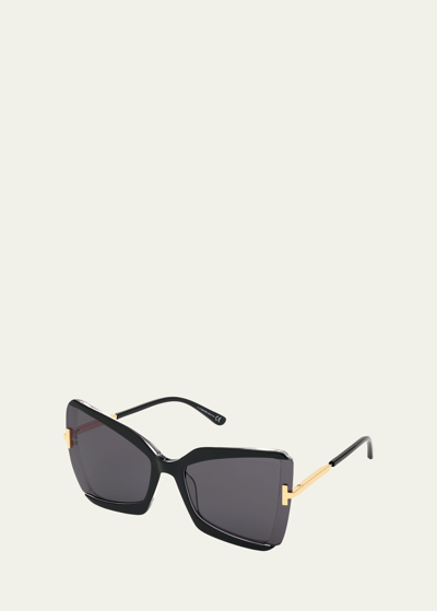Shop Tom Ford Gia Semi-rimless Butterfly Sunglasses In Black / Smoke