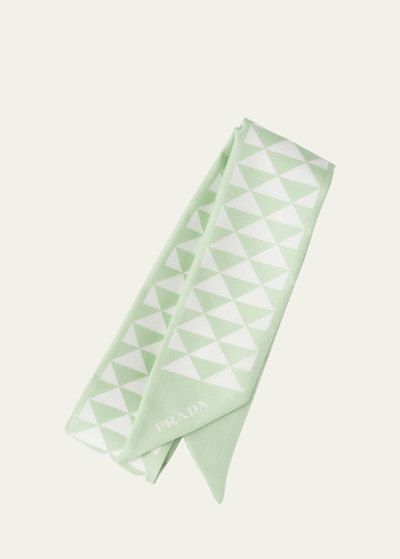 Shop Prada Triangle-print Silk Ribbon Scarf In Green/white