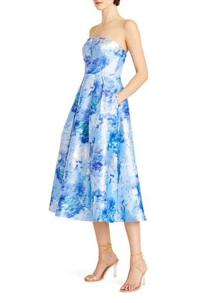 Shop ml Monique Lhuillier Violet Jacquard Metallic Strapless A-line Midi Dress In Blue Springs
