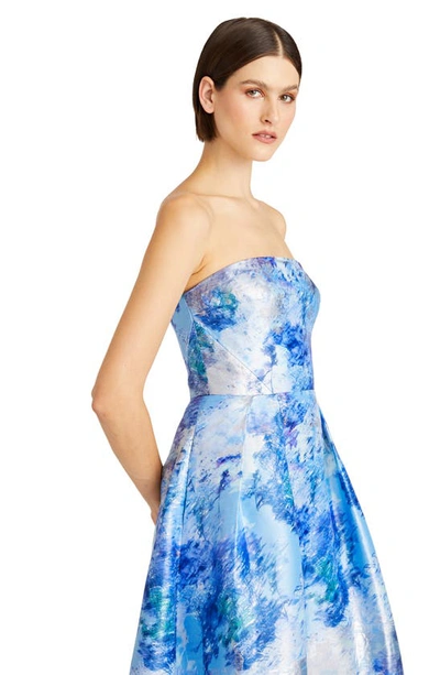 Shop ml Monique Lhuillier Violet Jacquard Metallic Strapless A-line Midi Dress In Blue Springs