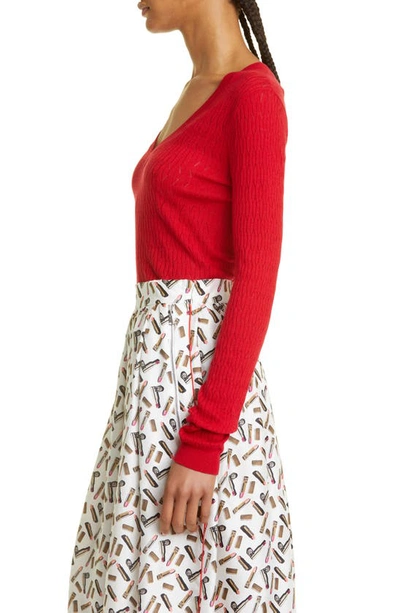 Shop Max Mara Sorriso Cable Knit V-neck Silk & Wool Sweater In Red